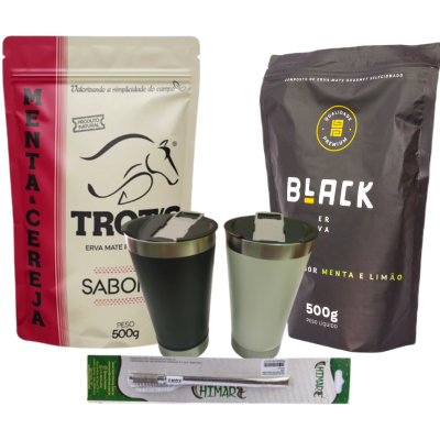 Pacotes de erva para tereré Trot's Menta e Cereja e Black Menta e Limão, copos térmicos com abridor e bomba de mola para tereré